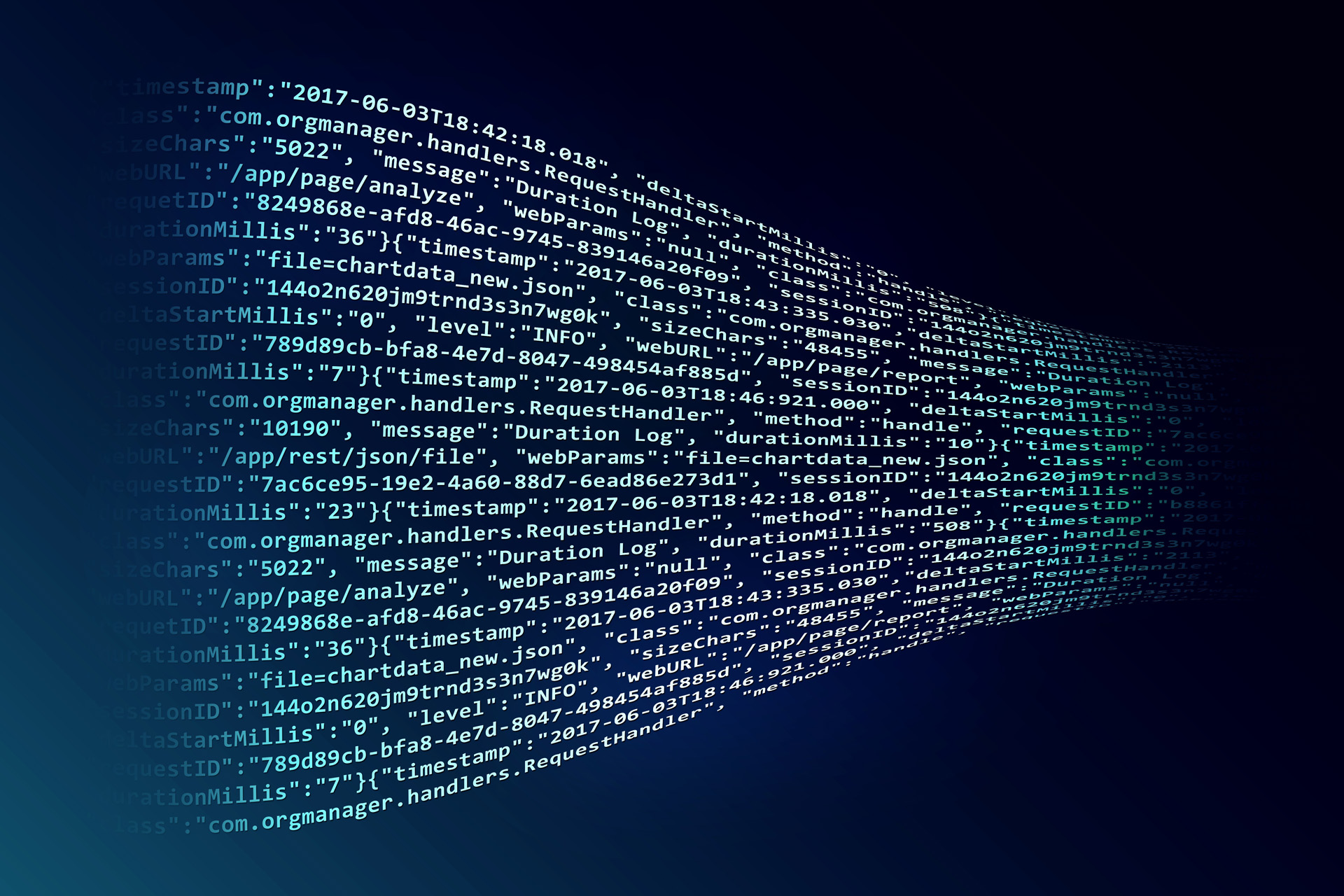 Streams of machine-readable data receding into the distance